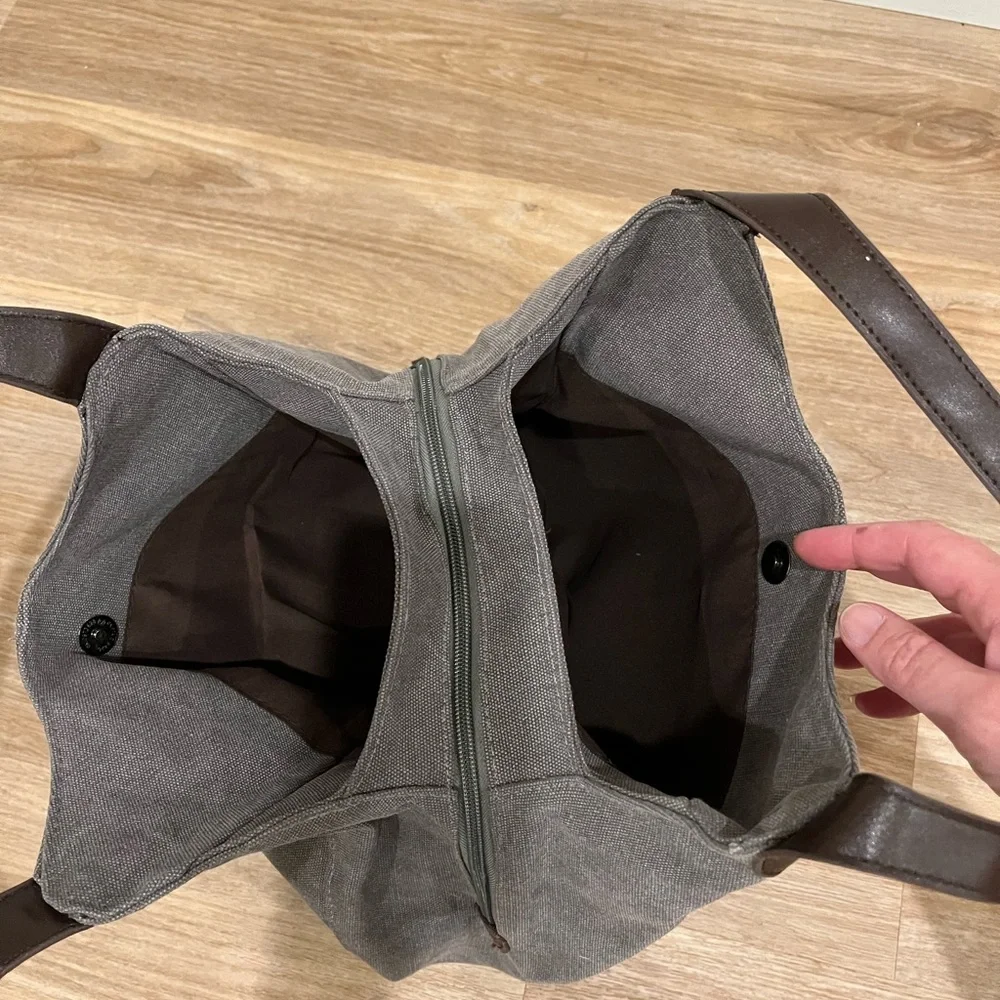Canvas Hobo Bag in Gray with Leather Trim